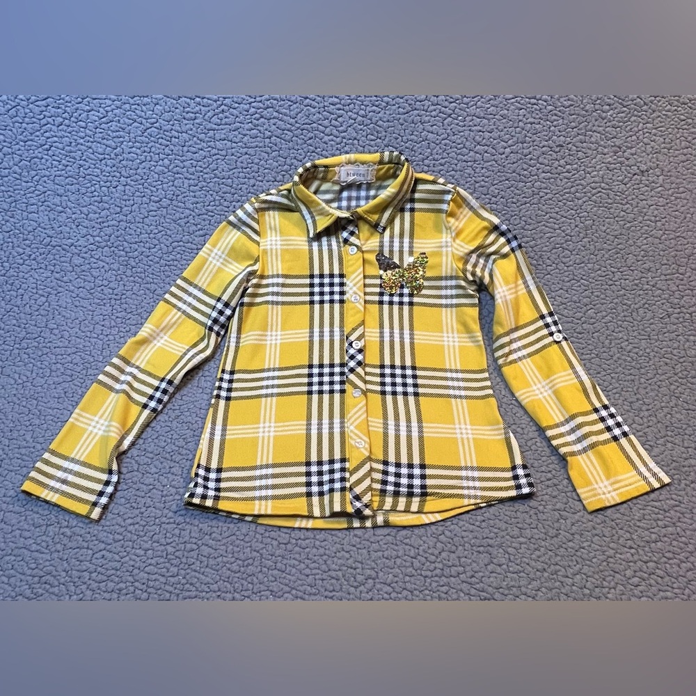 Btween Long Sleeve Button Up Plaid Blouse Girls Size 12 Yellow Sequin Butterfly